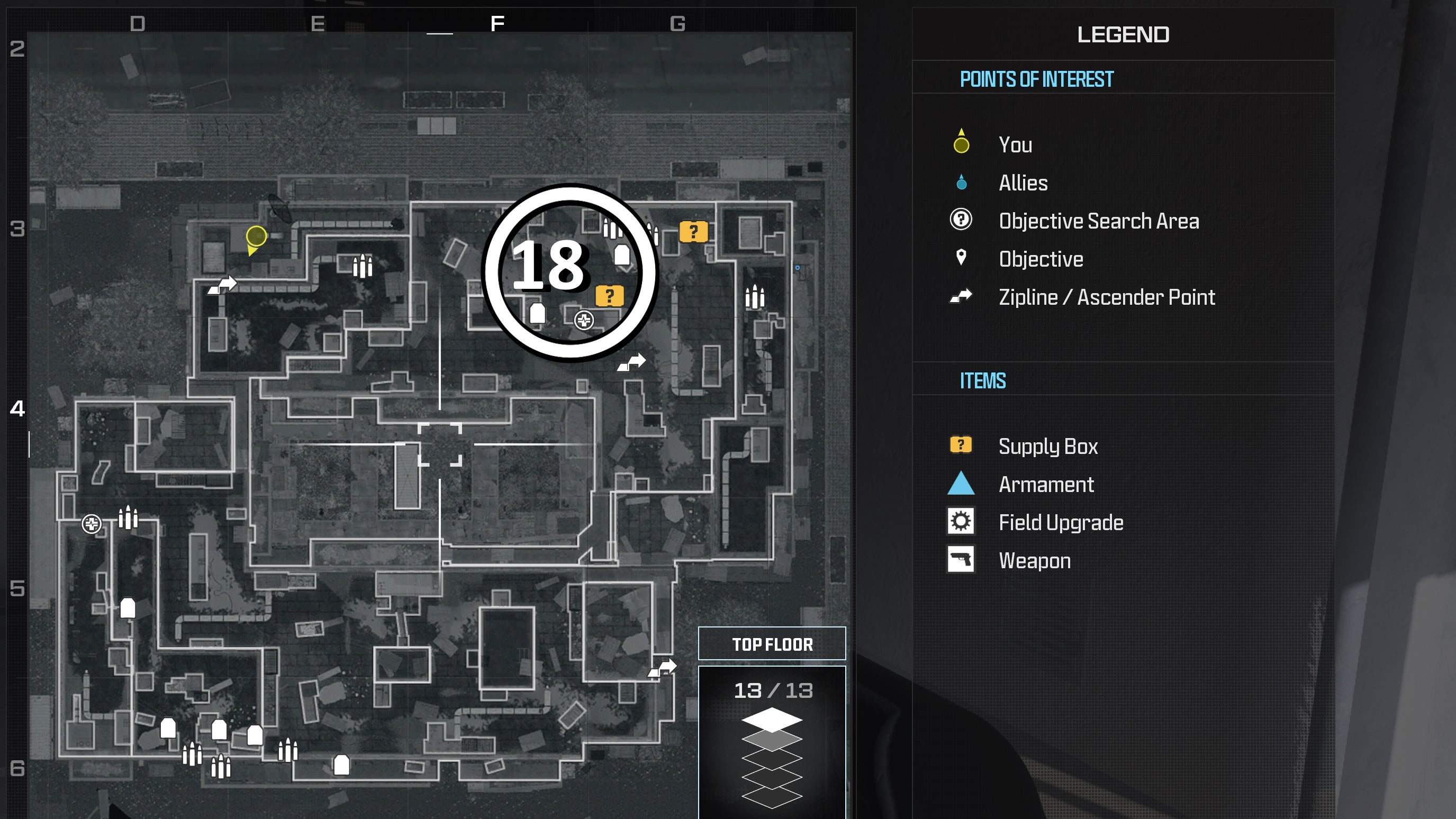 tactical map view of a weapon location numbered and circled on the highrise map
