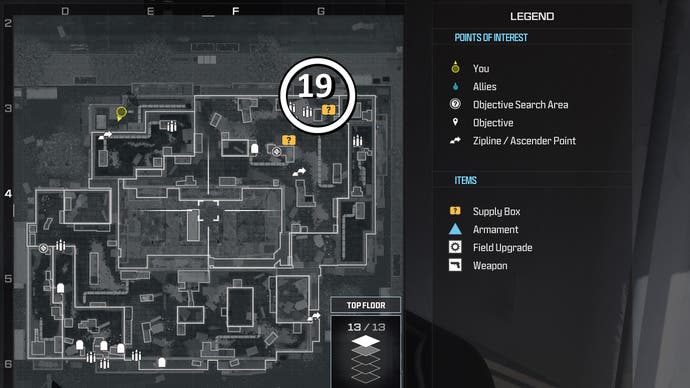 tactical map view of a weapon location numbered and circled on the highrise map