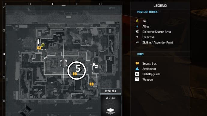 tactical map view of the first floor of the highrise level showing a weapon supply box location with a number and circle