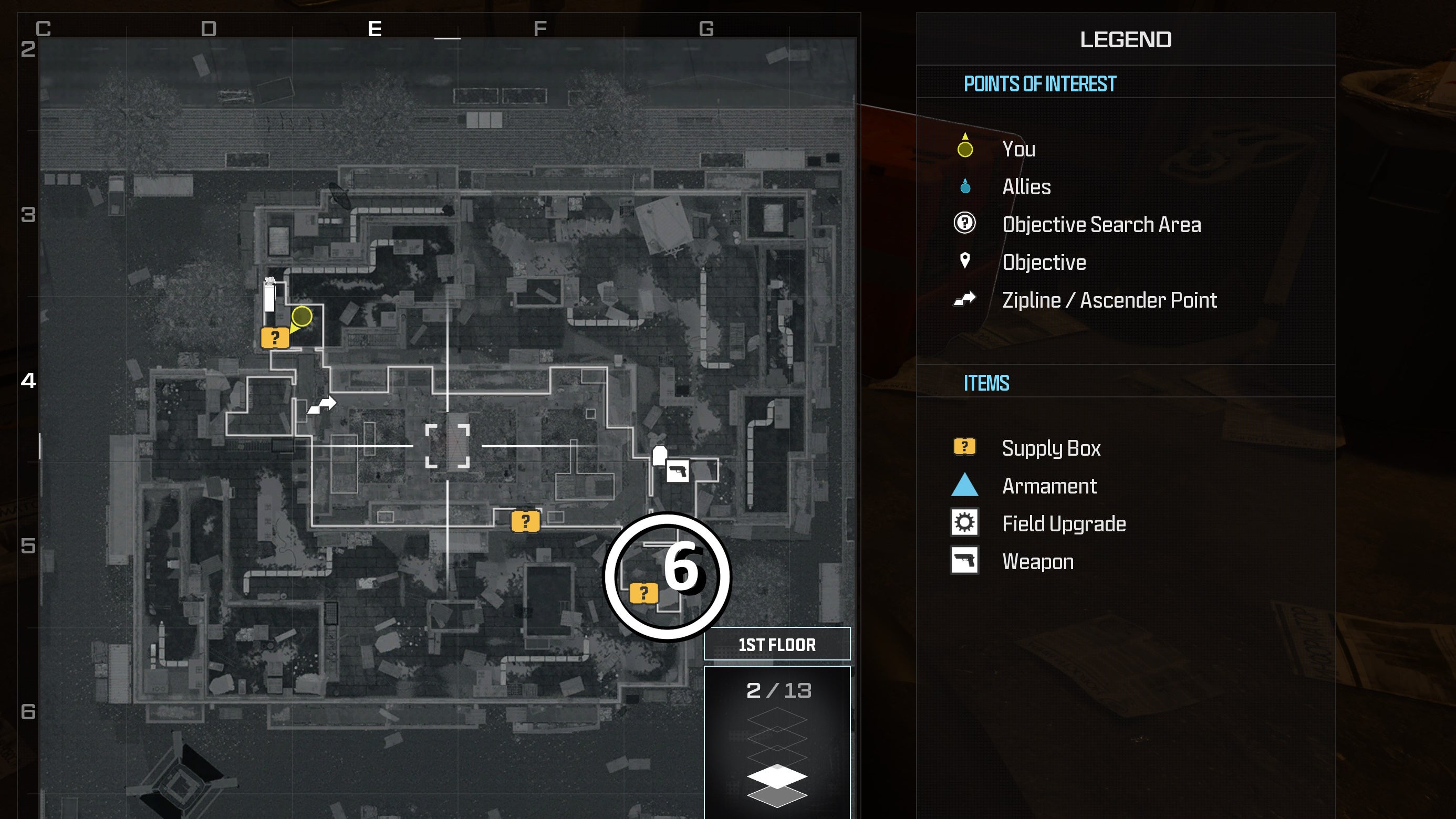 tactical map view of the first floor of the highrise level showing a weapon supply box location with a number and circle