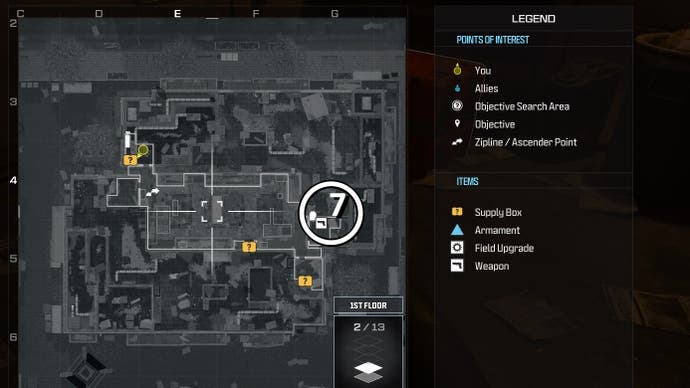 tactical map view of the first floor of the highrise level showing a weapon supply box location with a number and circle