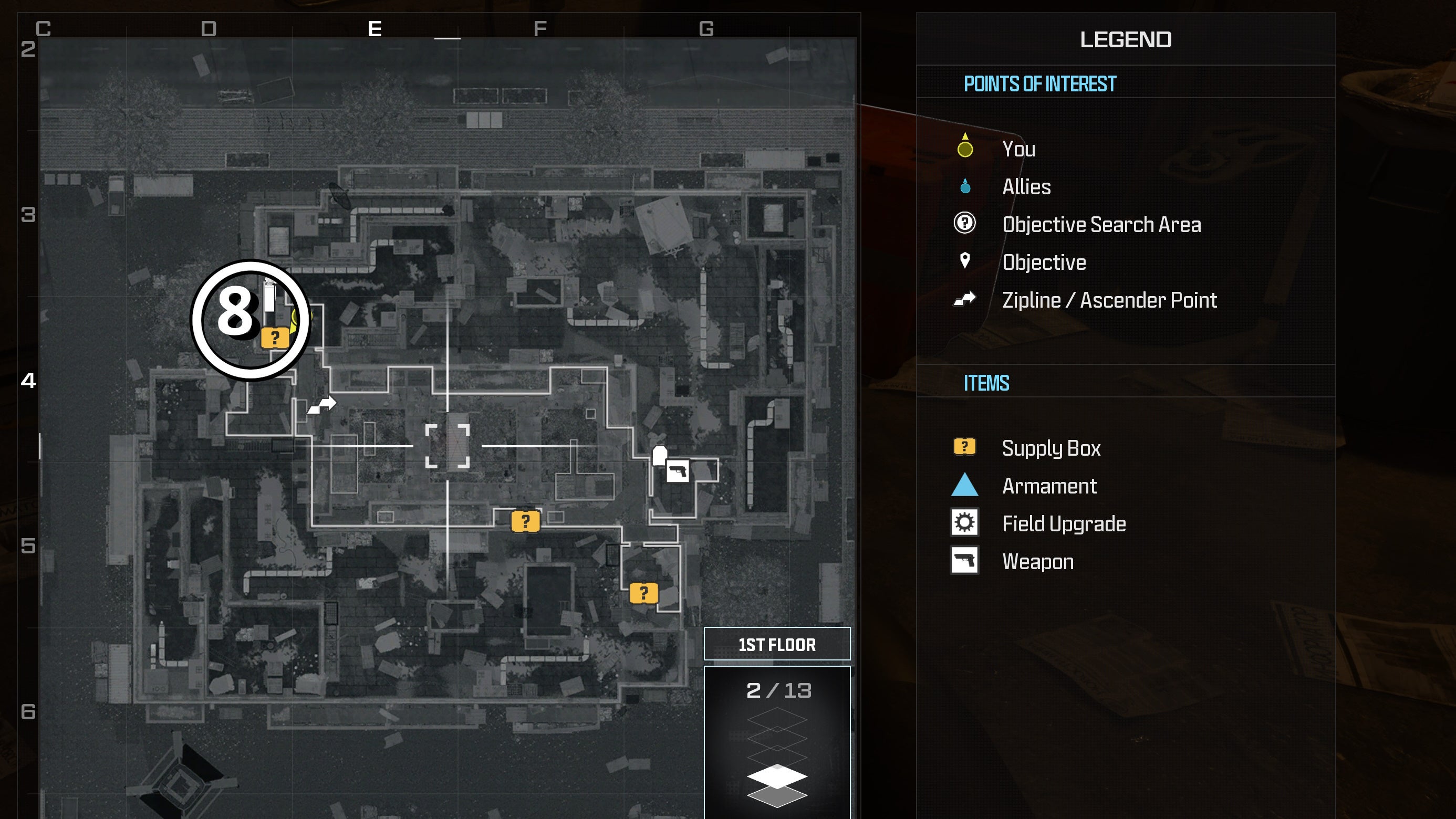 tactical map view of the first floor of the highrise level showing a weapon supply box location with a number and circle