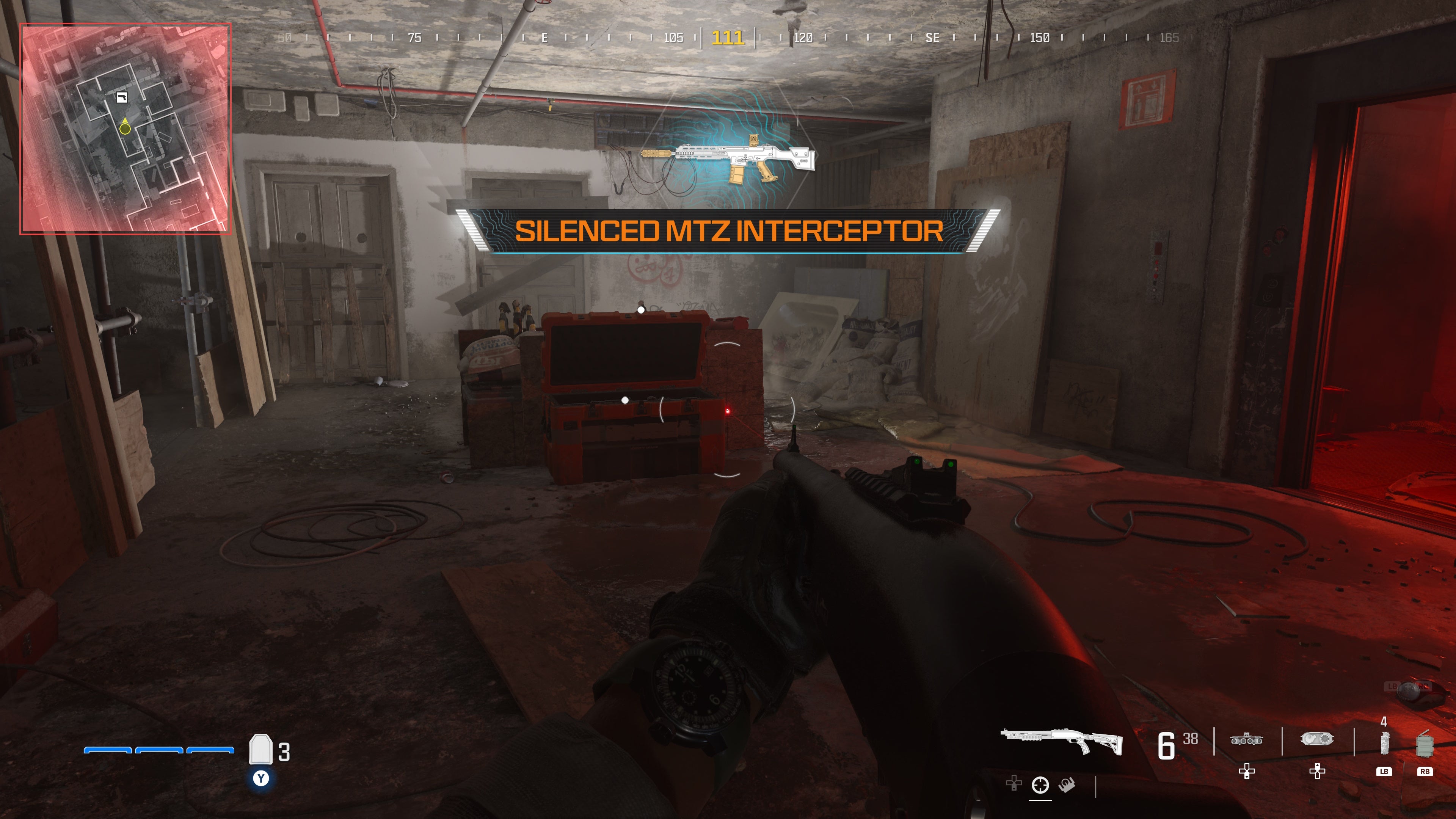 looking at a supply box containing a weapon on the seventh floor of the highrise level