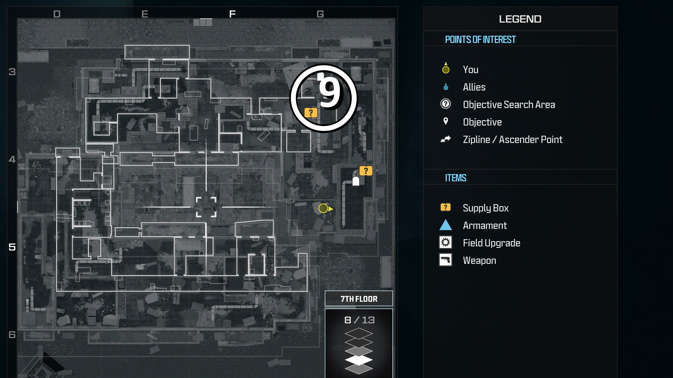 tactical map view of a weapon supply box location numbered and circled on the seventh floor of the highrise level