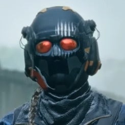 Lockpick operator standing in misty rain, viewed from the chest up