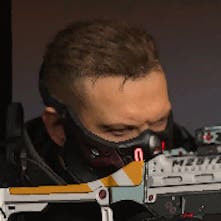 cropped nolan operator from the chest up who is wearing a lower face mask and holding an assault rifle up to aim to the right