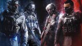 Captain price, ghost, makarov, and warden in their nemesis skins with a blue background on the left and a red background on the right