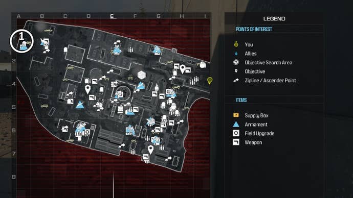 tactical map view of reactor level with a weapon location circled in white