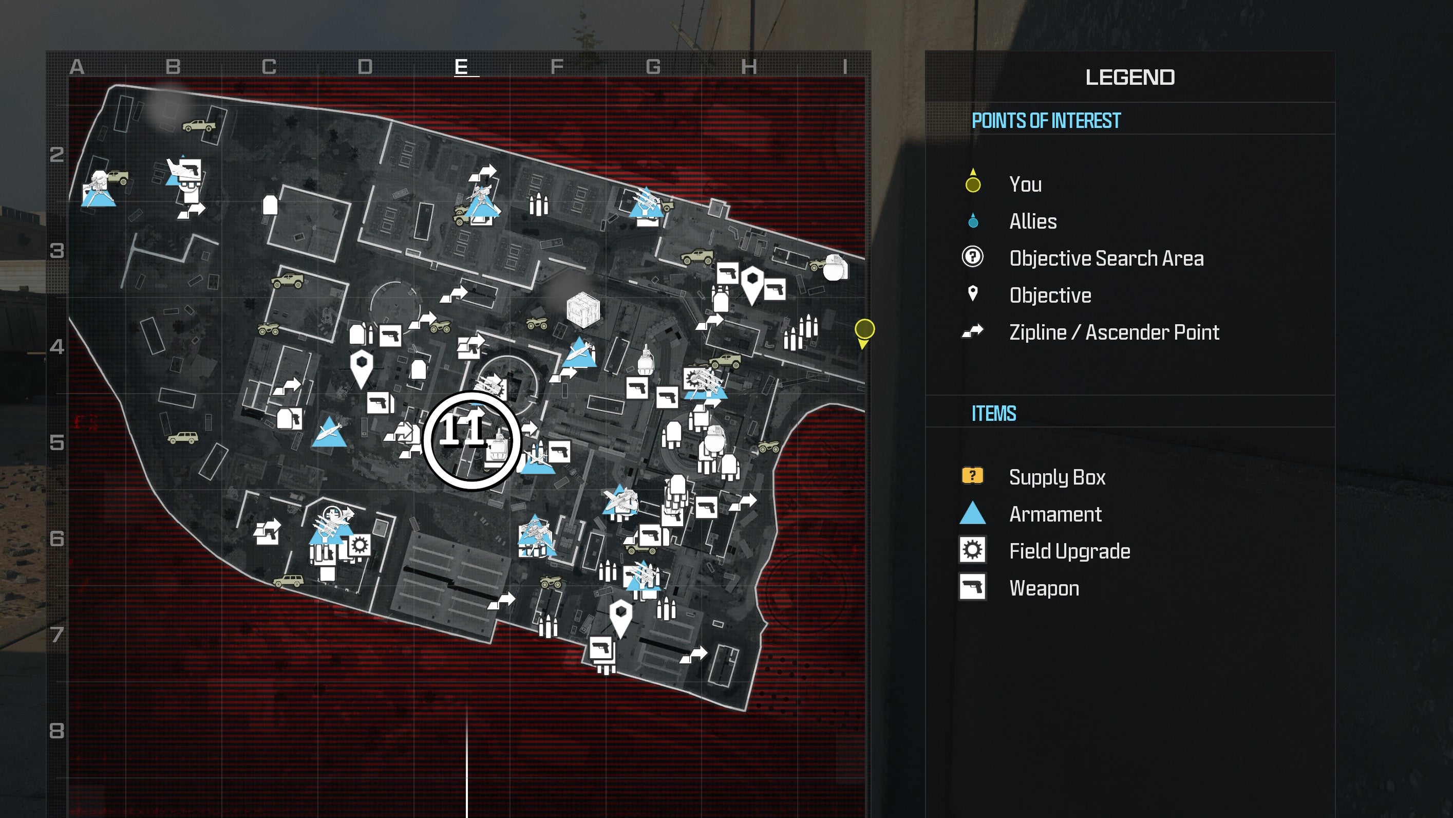 tactical map view of reactor level with a weapon location circled in white