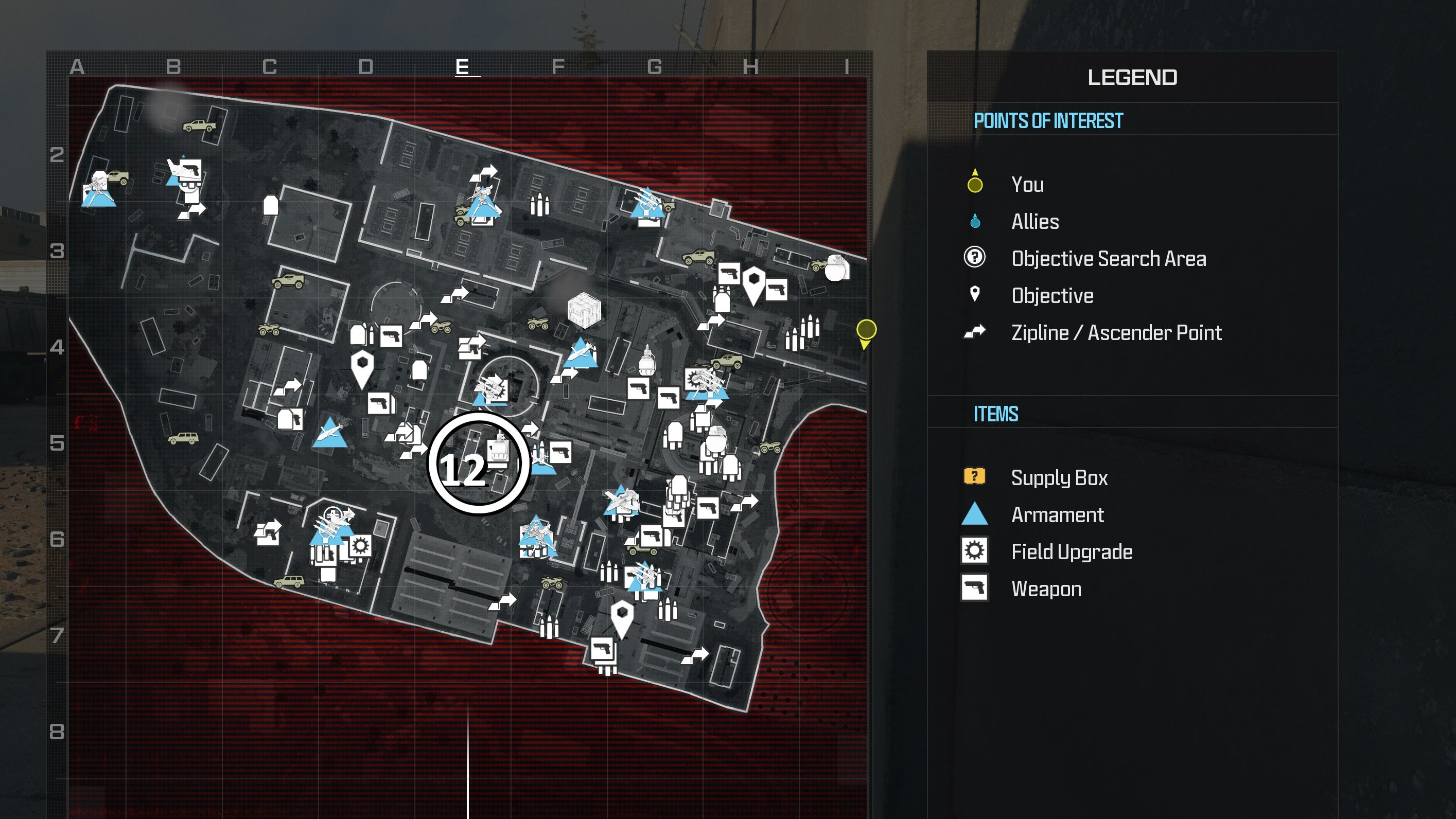 tactical map view of reactor level with a weapon location circled in white
