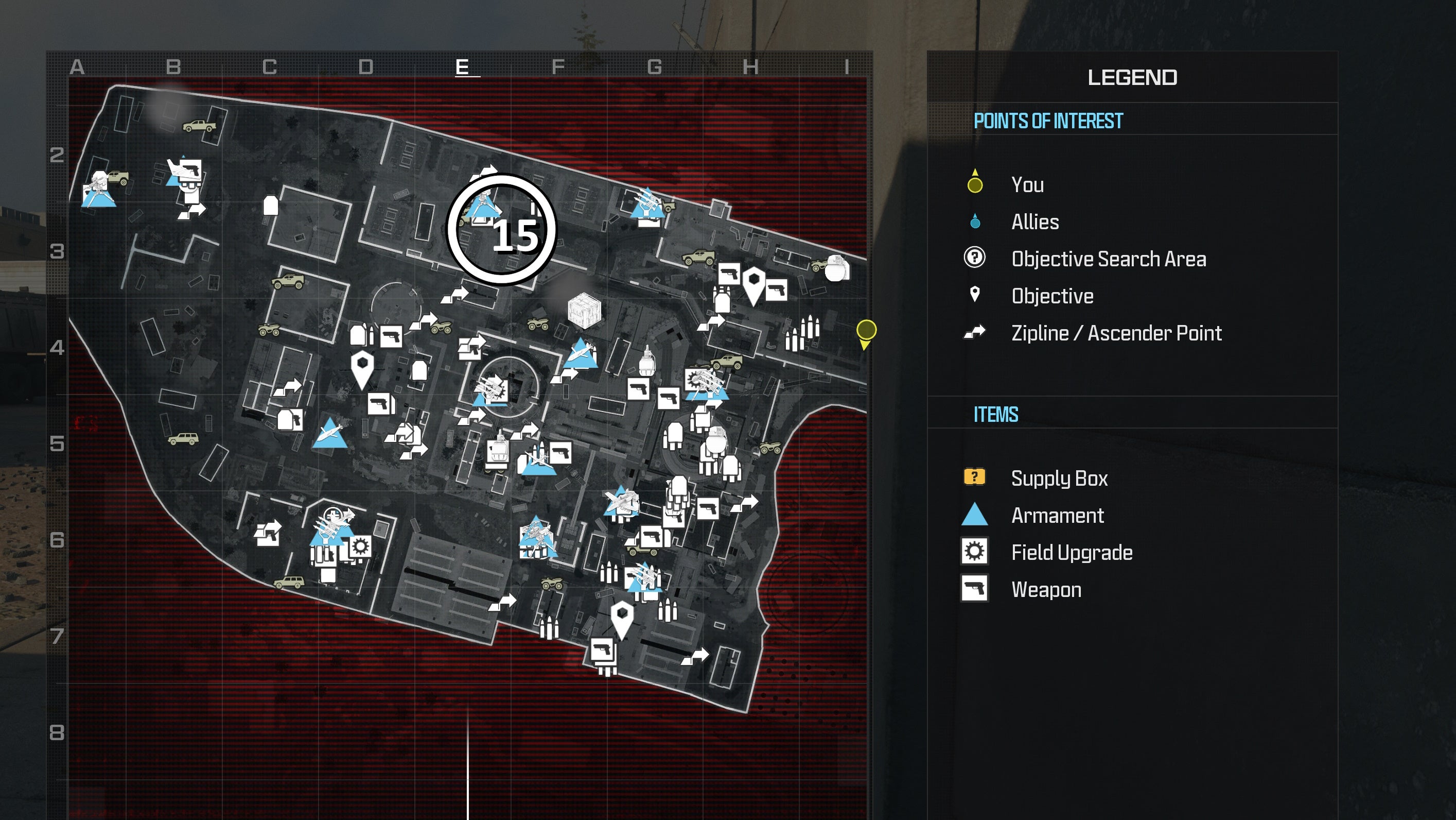 tactical map view of reactor level with a weapon location circled in white
