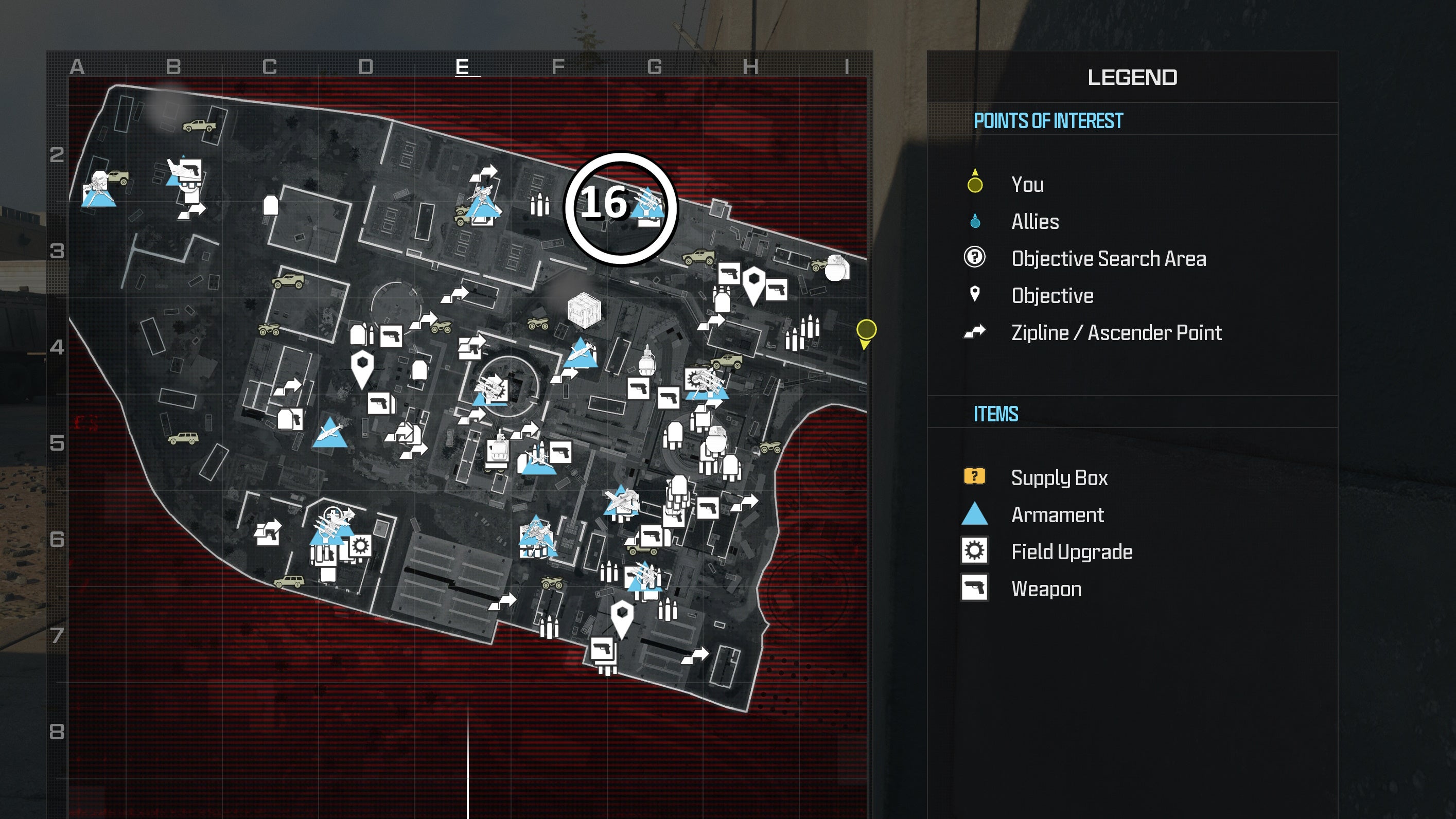 tactical map view of reactor level with a weapon location circled in white