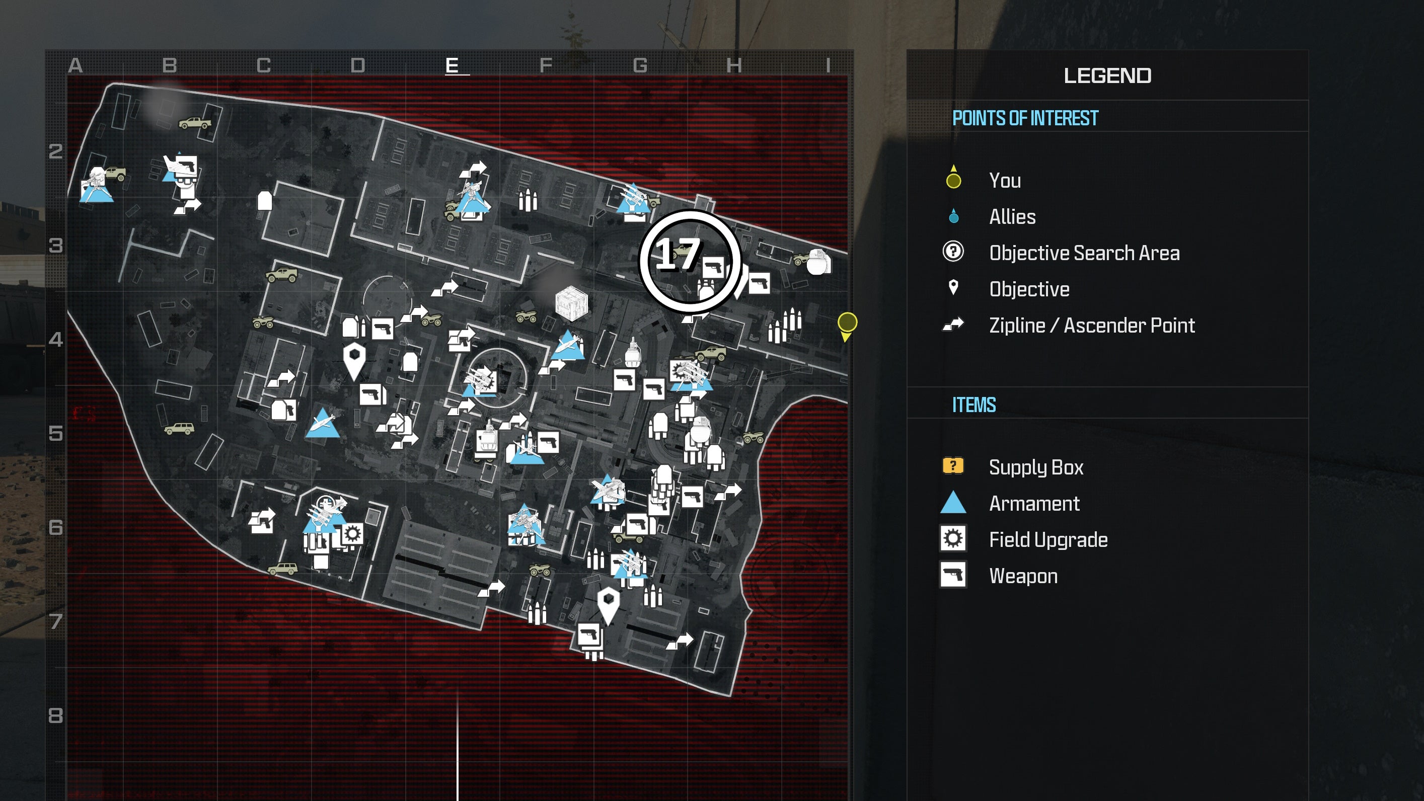 tactical map view of reactor level with a weapon location circled in white