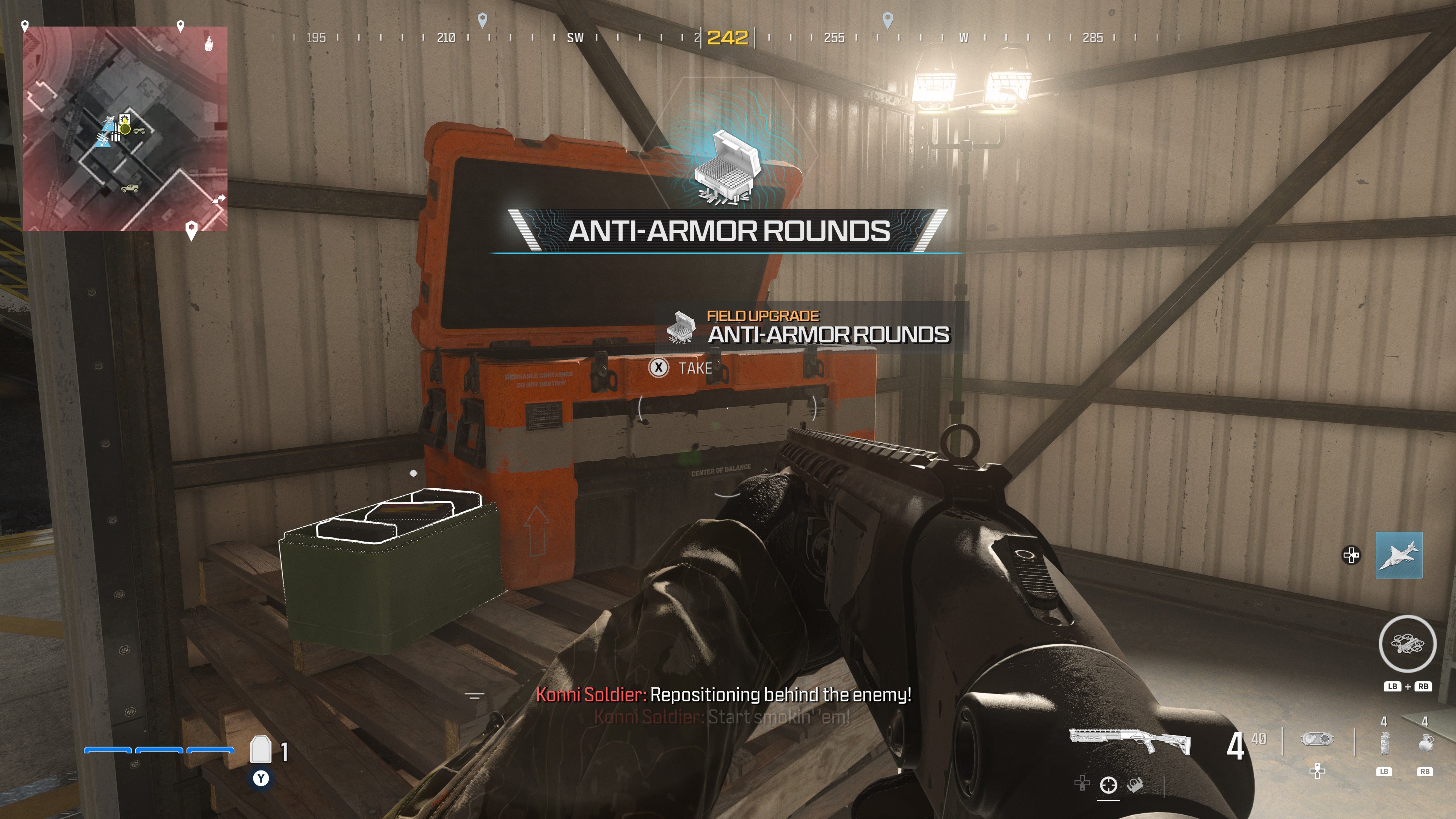 looking at an item in an open orange supply box on the reactor level