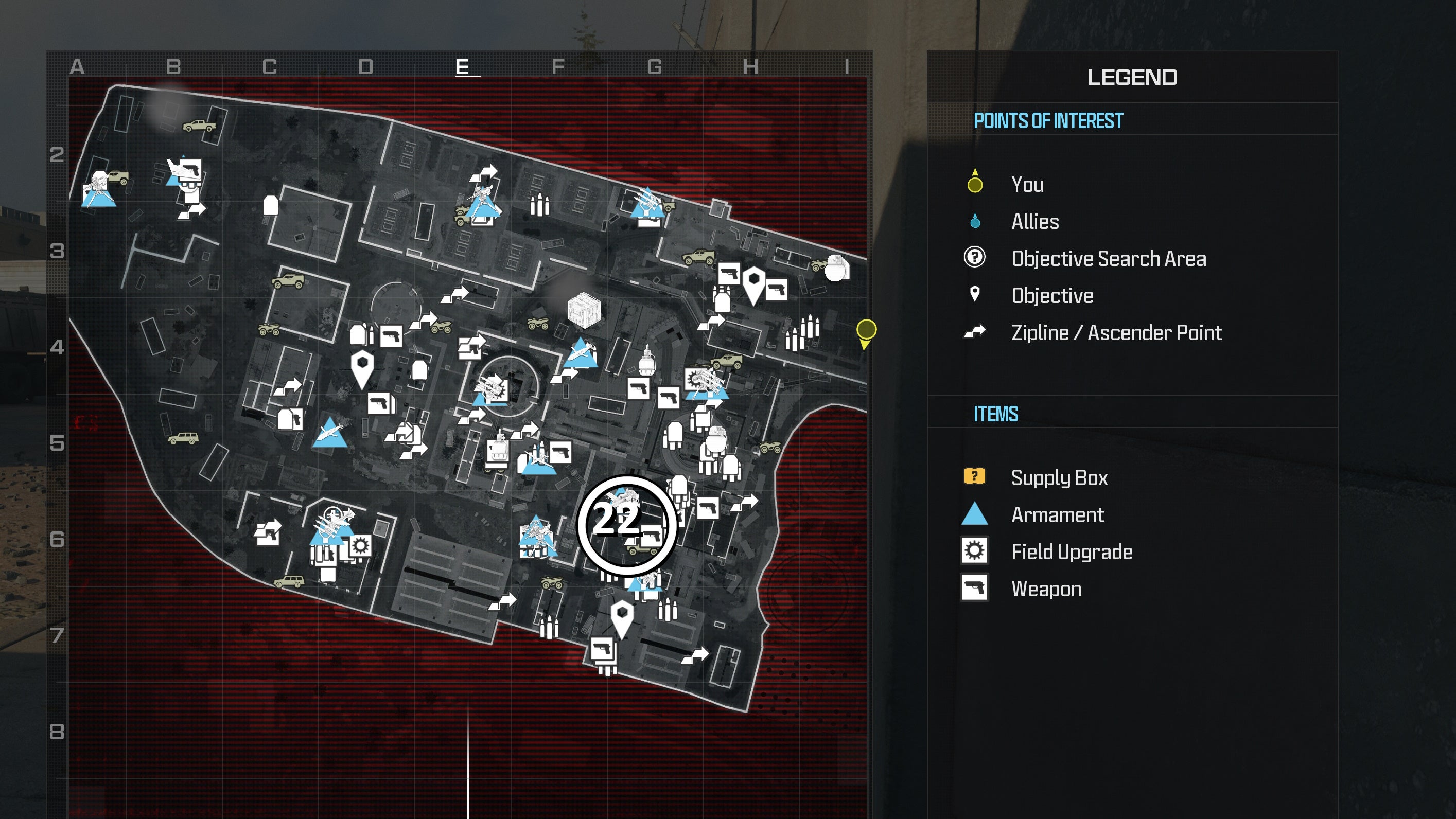 tactical map view of reactor level with a weapon location circled in white