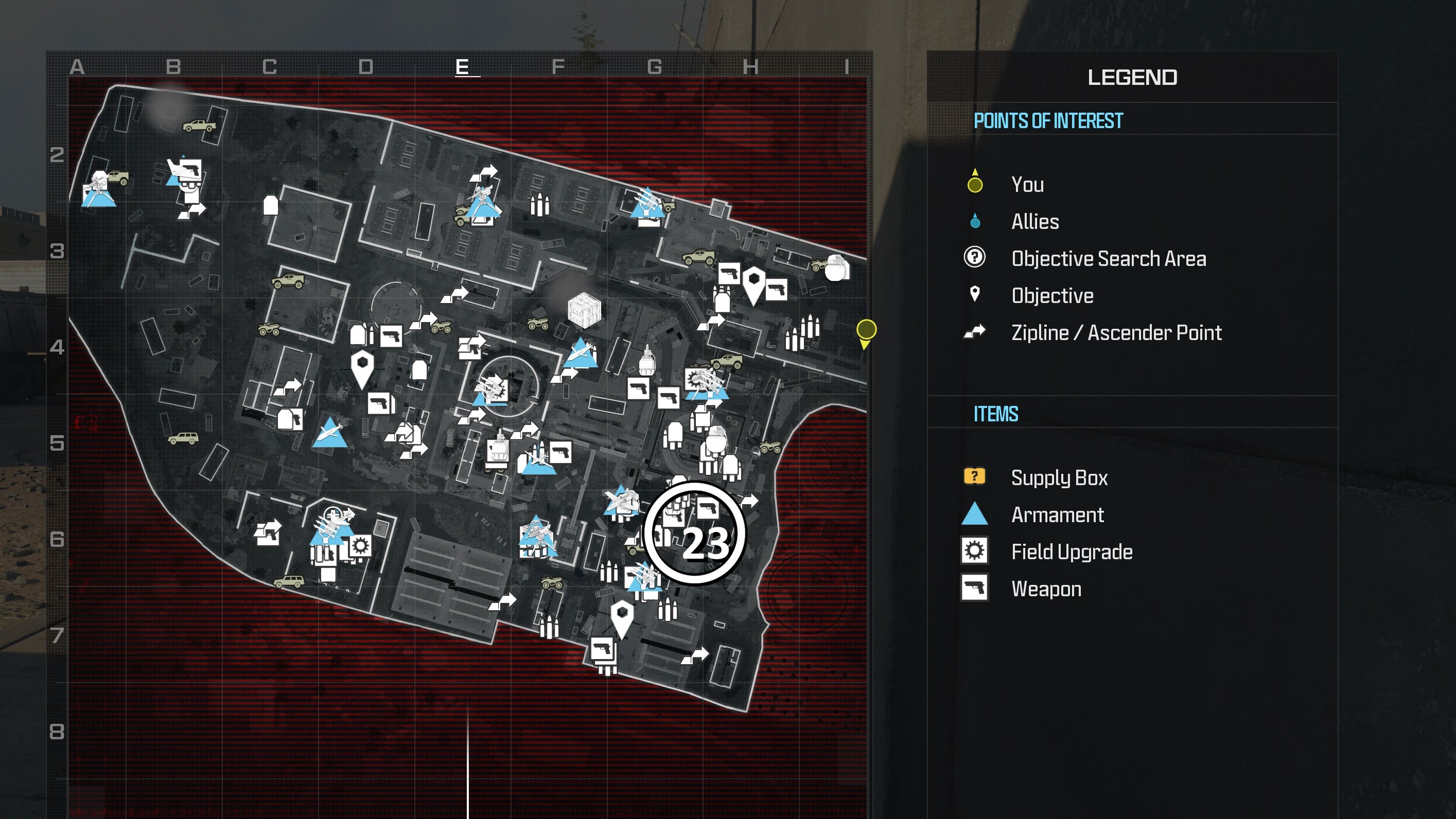 tactical map view of reactor level with a weapon location circled in white