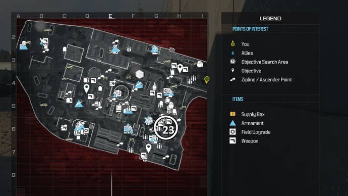 tactical map view of reactor level with a weapon location circled in white