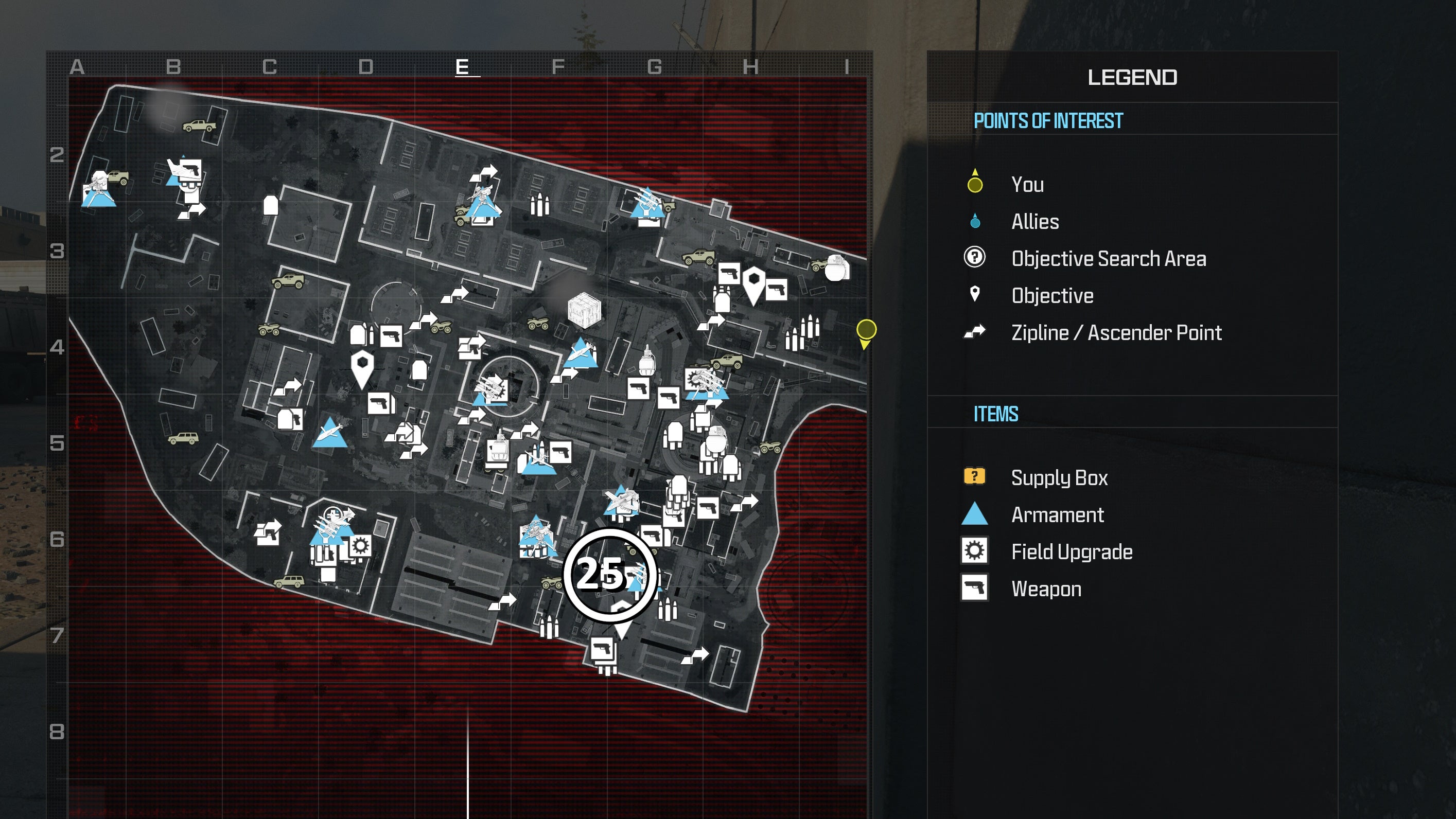 tactical map view of reactor level with a weapon location circled in white