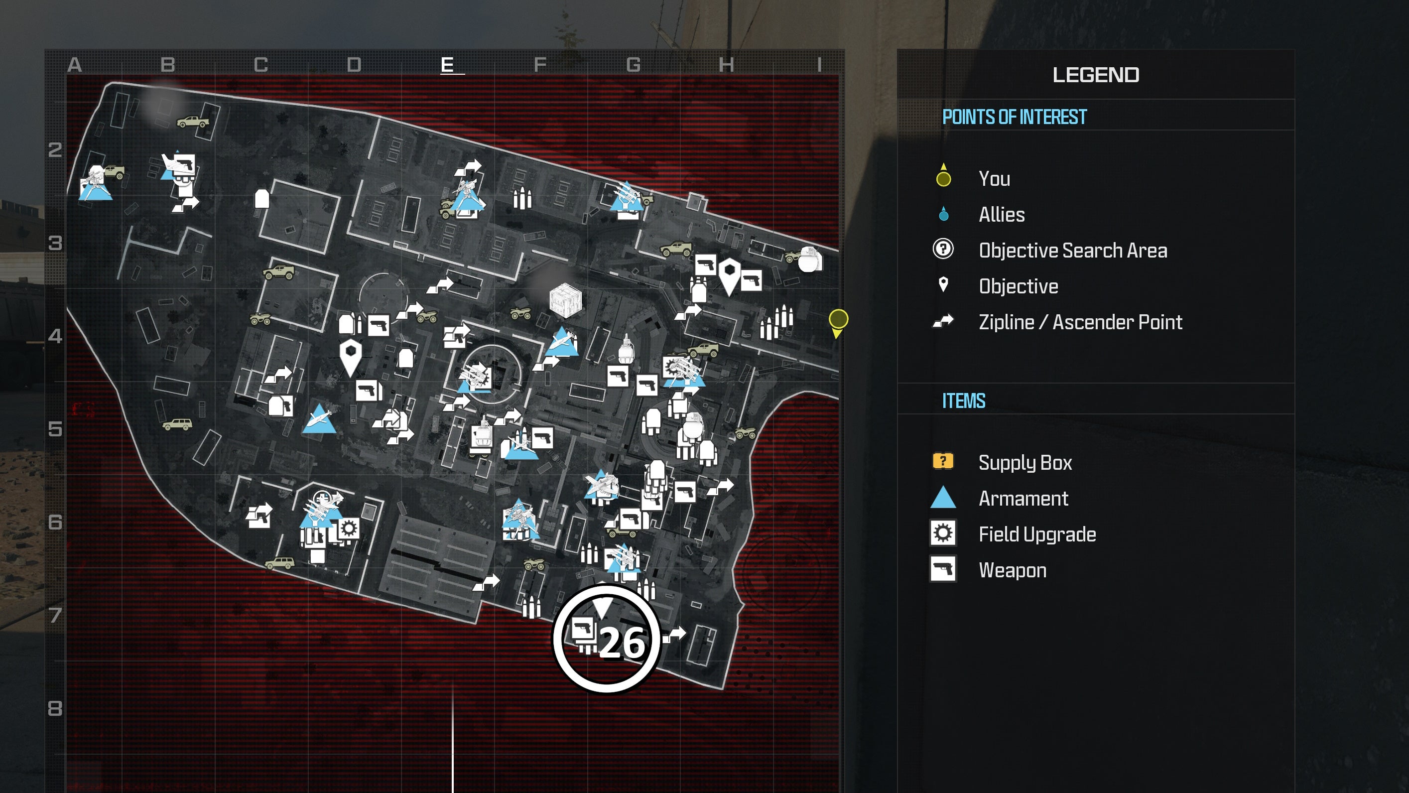 tactical map view of reactor level with a weapon location circled in white