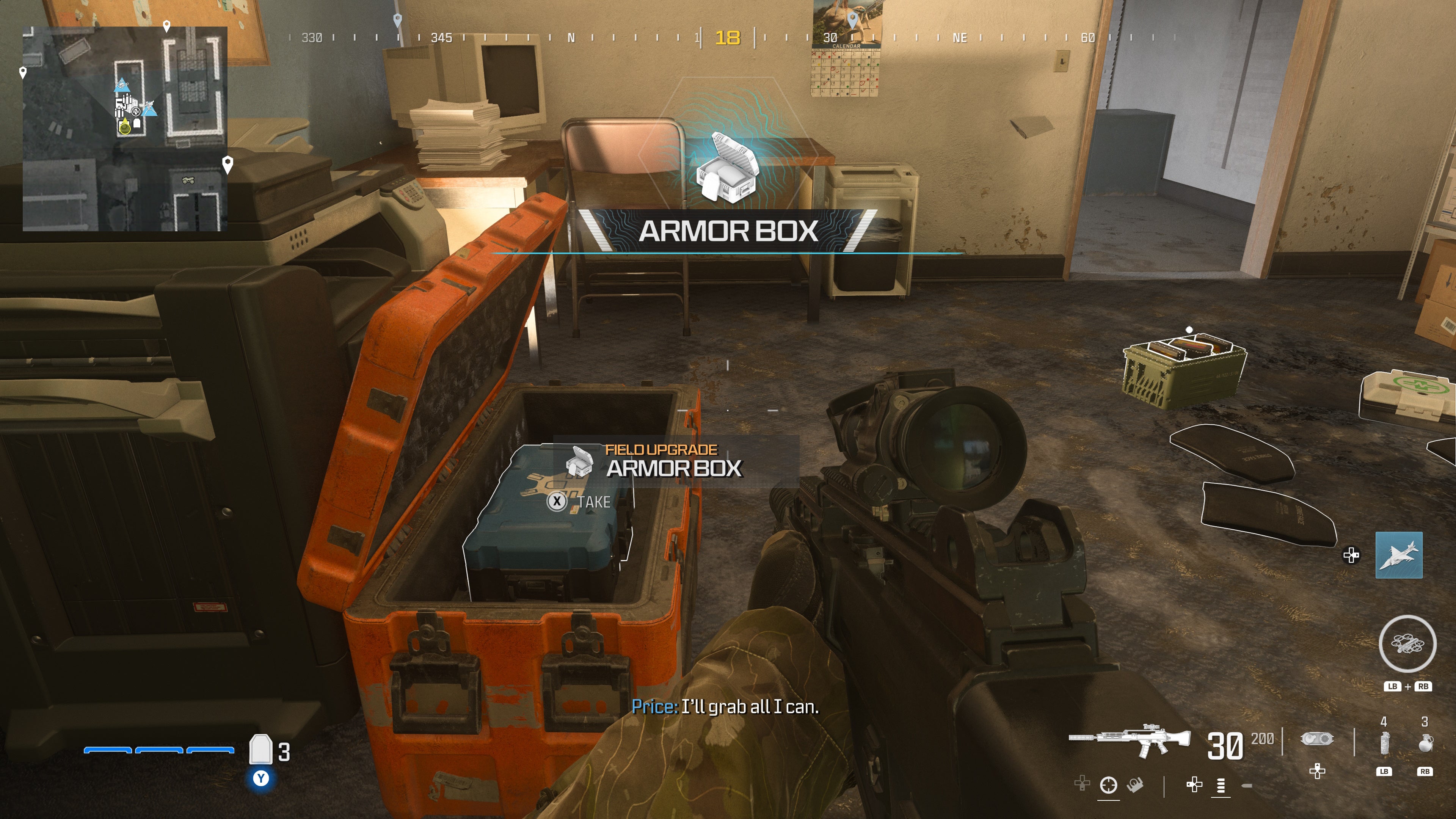 looking at an item in an open orange supply box on the reactor level