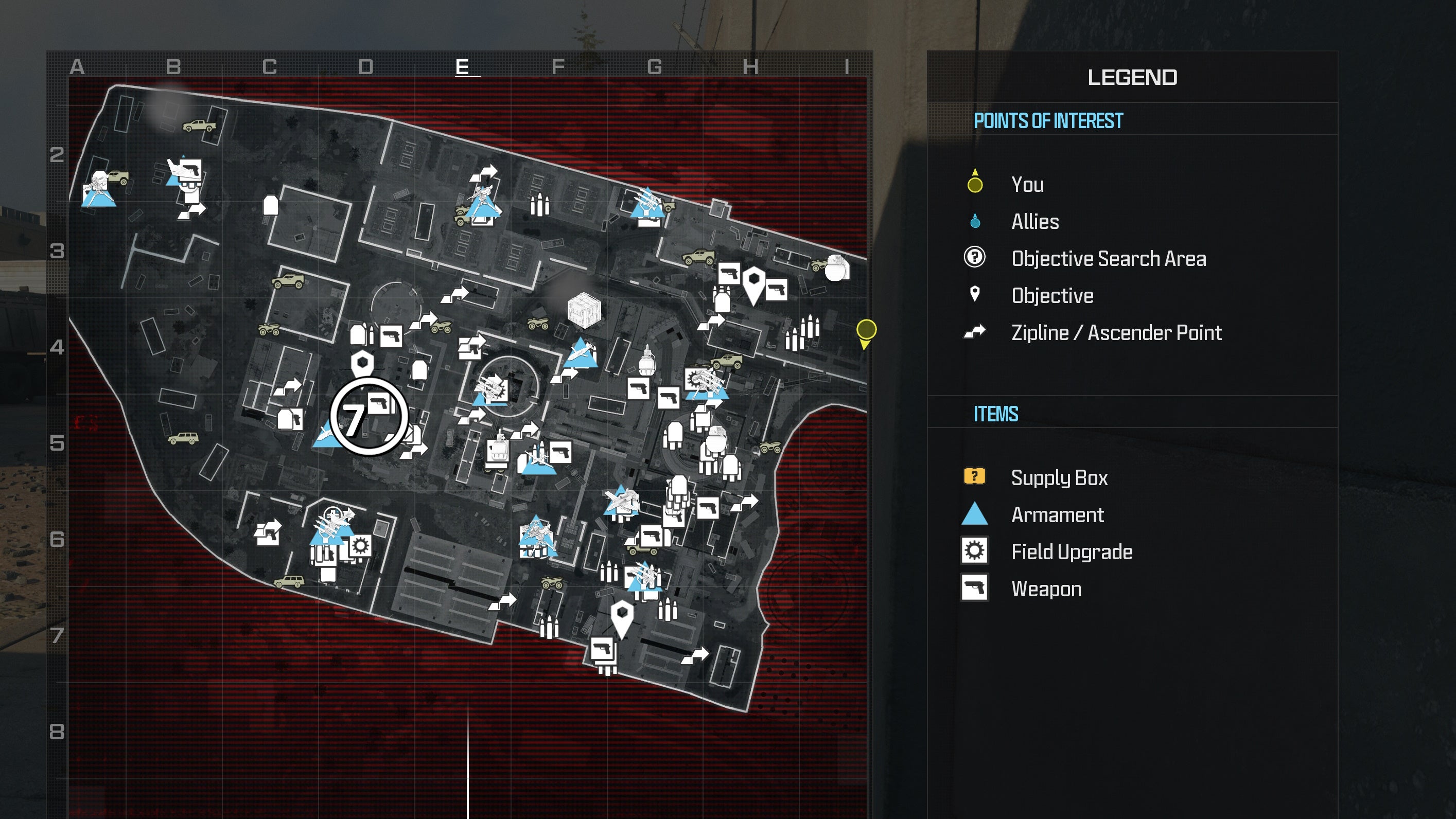 tactical map view of reactor level with a weapon location circled in white