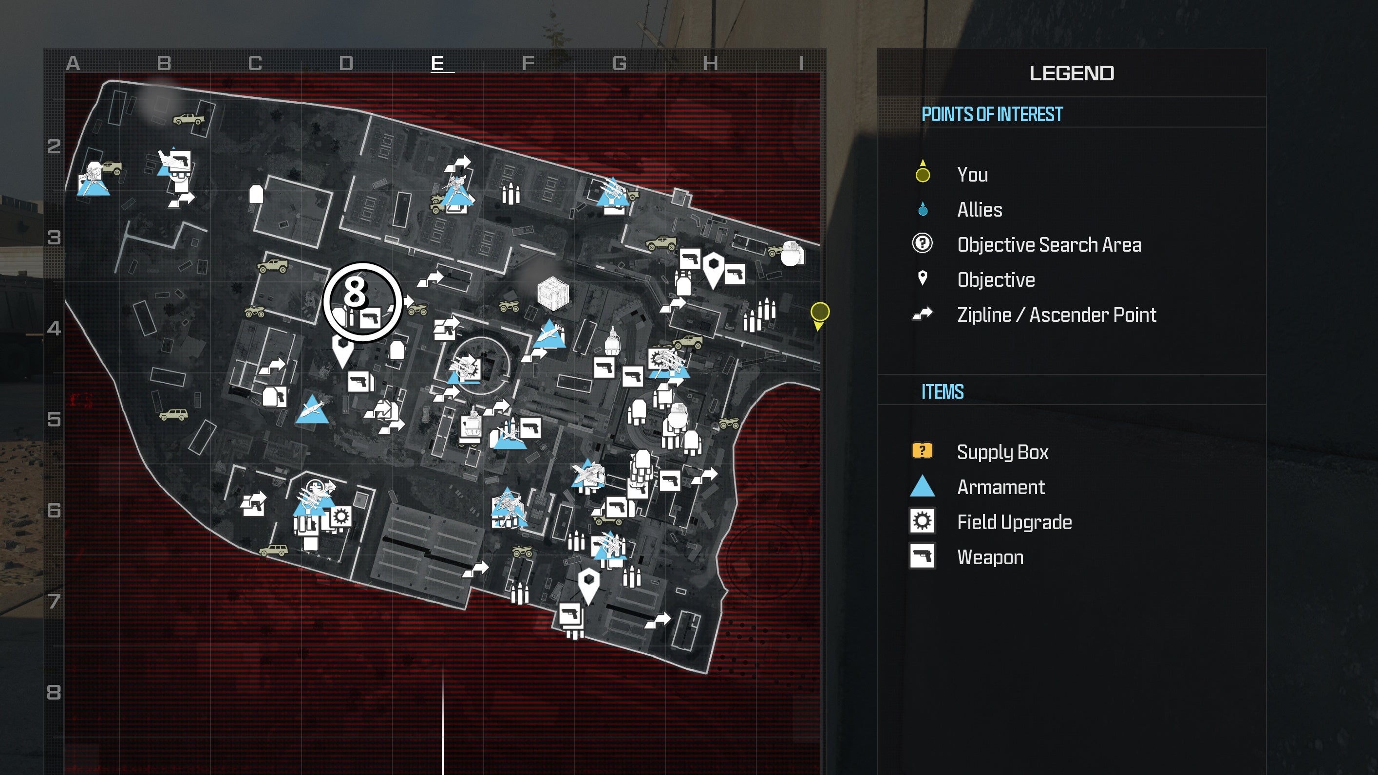 tactical map view of reactor level with a weapon location circled in white