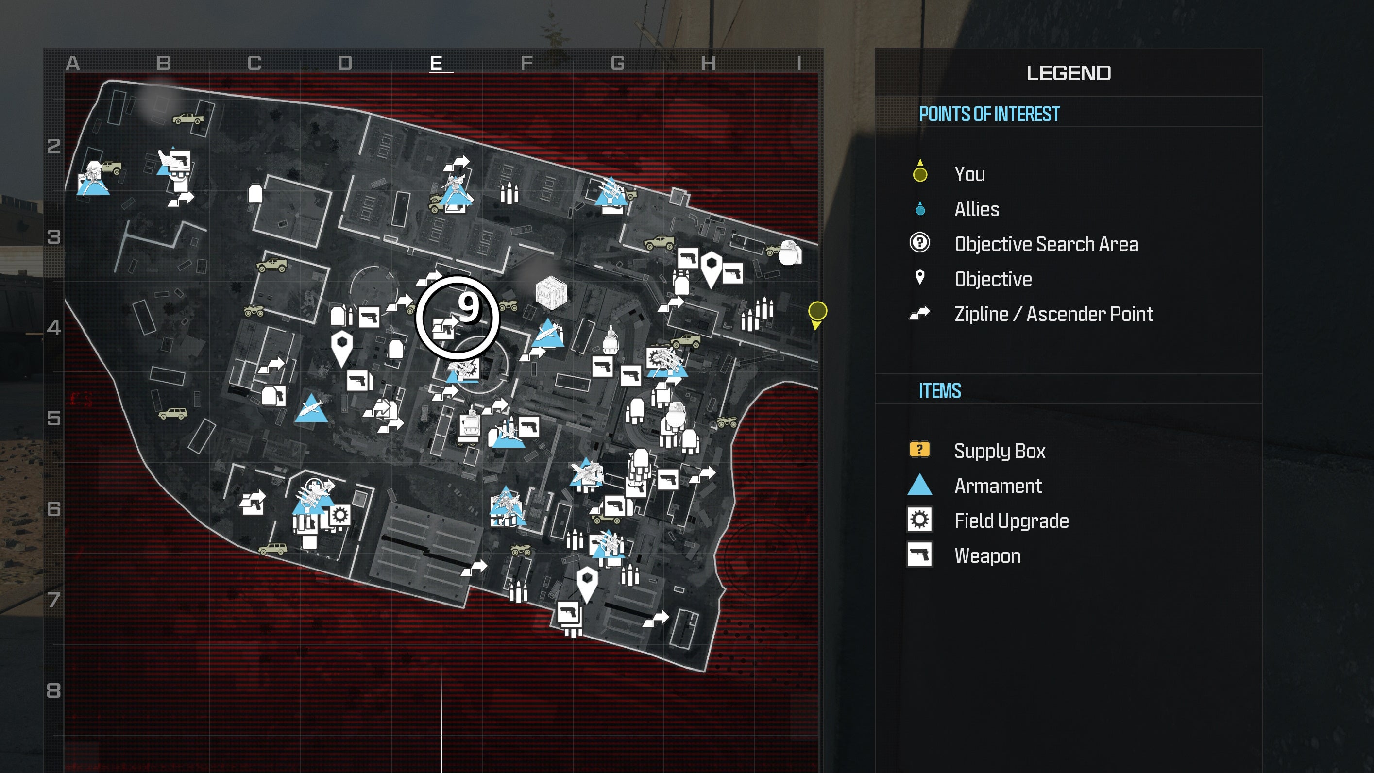 tactical map view of reactor level with a weapon location circled in white
