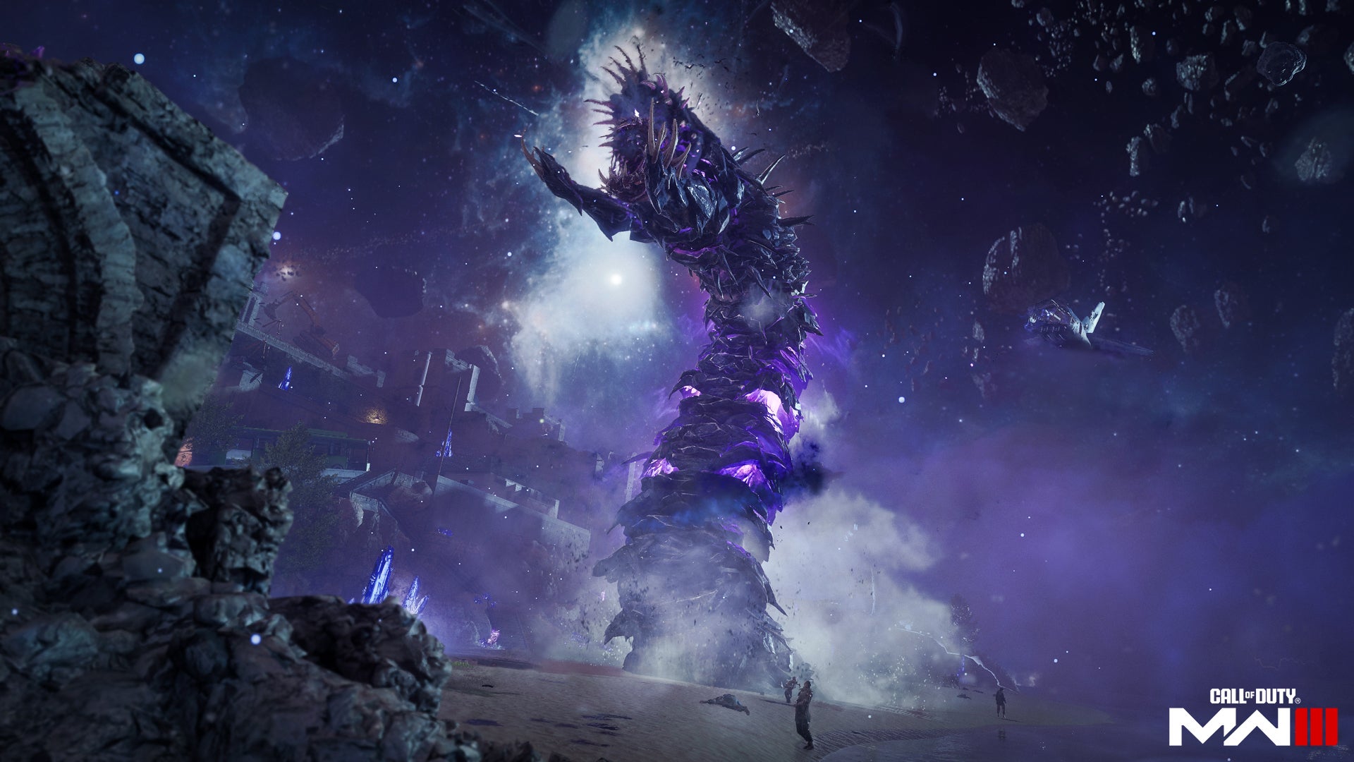 a glowing purple worm-like creature coming from the ground and opening its mouth to a black and dark purple night sky