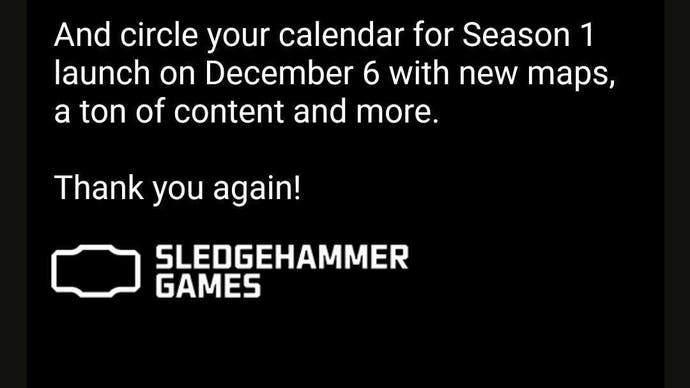 white writing on a black background detailing the modern warfare 3 season 1 release date on 6th december, with the sledgehammer games logo at the bottom