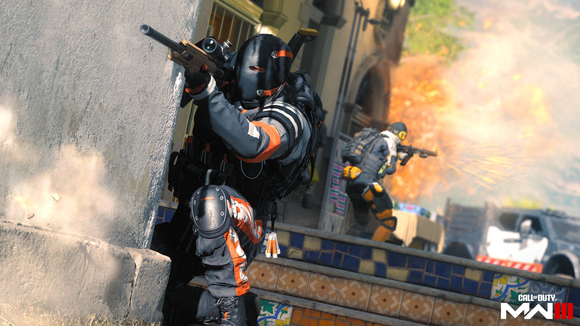 a soldier in heavy armor pointing his gun to the left with another soldier behind him looking at an explosion