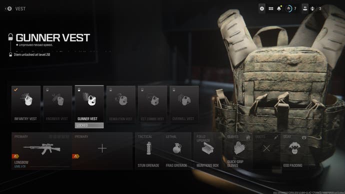 menu view of the gunner vest and its perks and when it unlocks