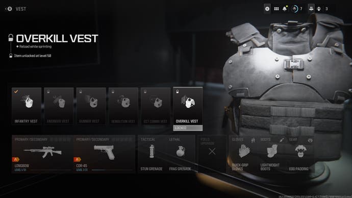 menu view of the overkill vest and its perks and when it unlocks