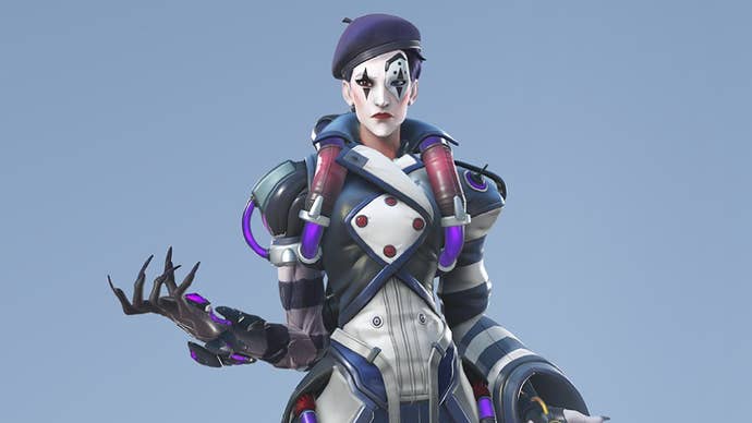 Key art from Overwatch 2 of support hero Moira’s mime legendary skin