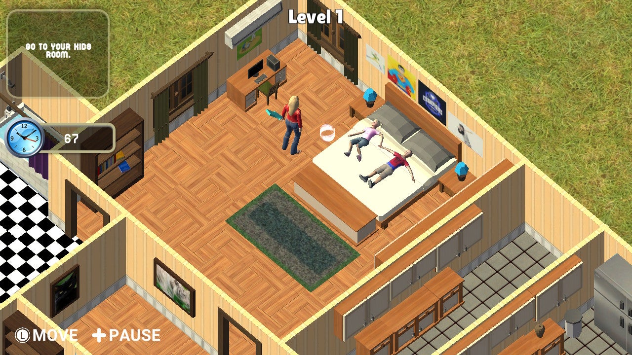 A mom stands by the bed, two ungrateful children refusing to get up.