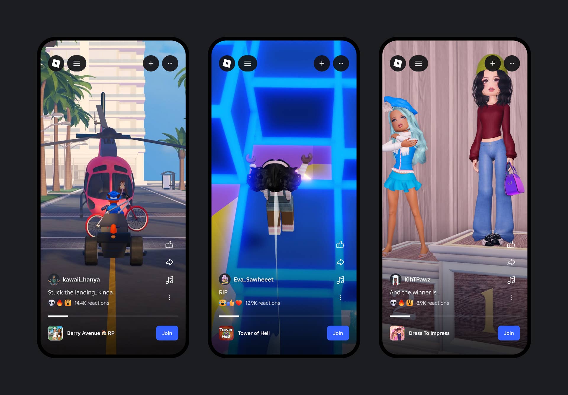 Image from Roblox of multiple phone screens showing videos of games playing