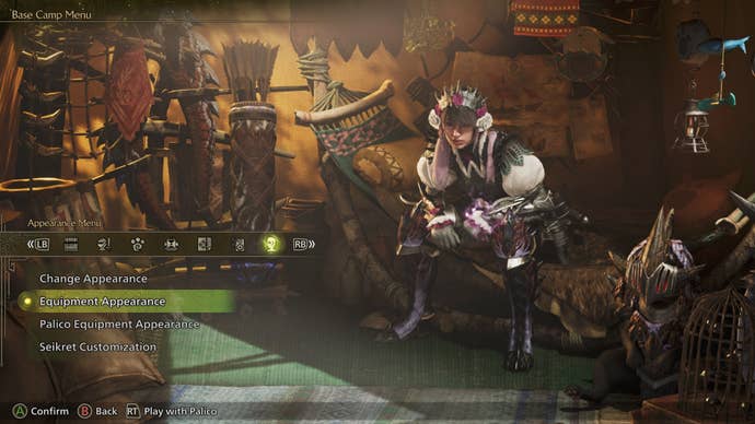 The player looks at the Appearance Menu in their Tent in Monster Hunter Wilds