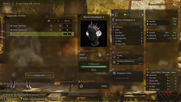 The player character’s list of owned Armor Spheres is shown in Monster Hunter Wilds