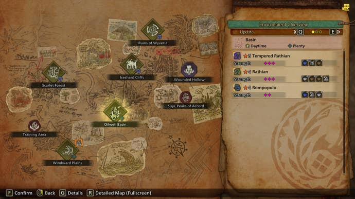 The environmental overview of the Oilwell Basin, accessible when looking at the World Map, is shown in Monster Hunter Wilds
