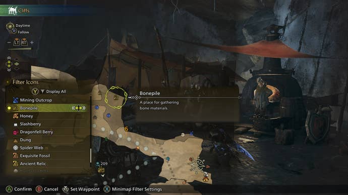 The player shows the map of Iceshard Cliffs, with the Bonepile item filter active, in Monster Hunter Wilds