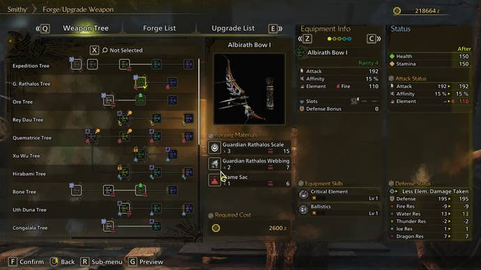 The player looks at the weapon tree for the Bow in Monster Hunter Wilds