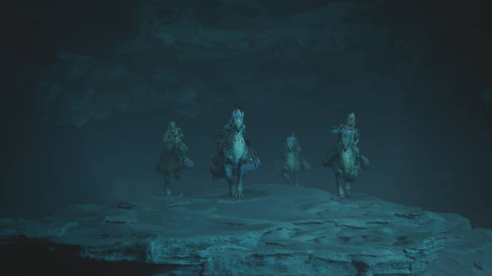 Gemma, Alma, Nata, and Erik enter a cave on Seikret in Monster Hunter Wilds