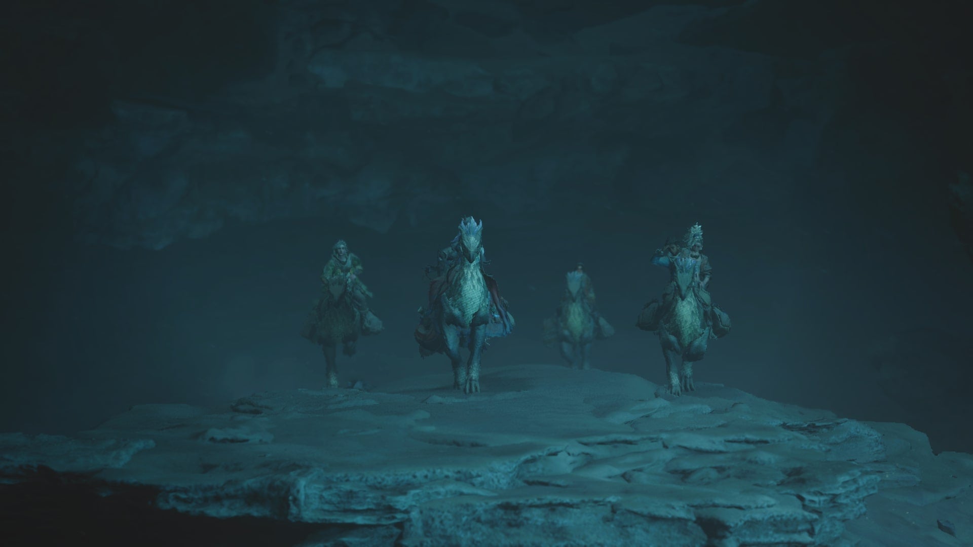 Gemma, Alma, Nata, and Erik enter a cave on Seikret in Monster Hunter Wilds - 1