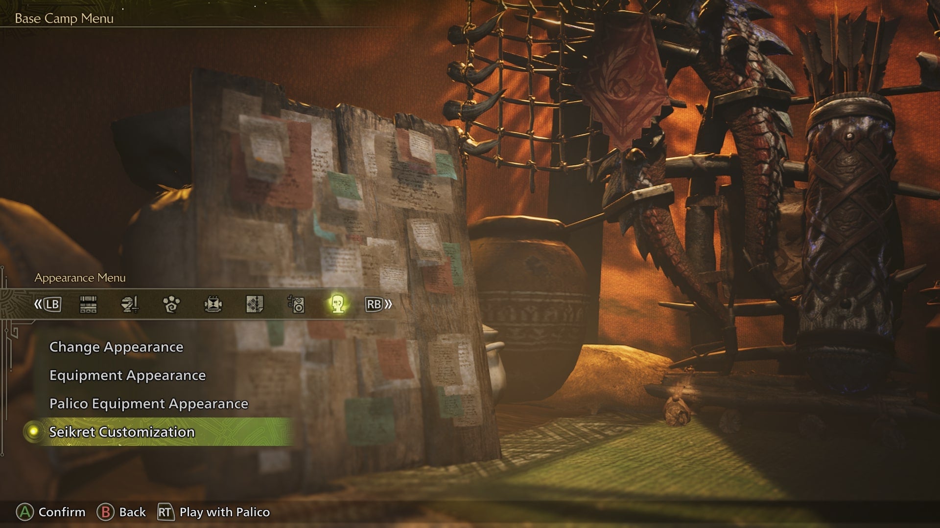 The player looks at the option to 'Customise Seikret' via their Tent in Monster Hunter Wilds - 3