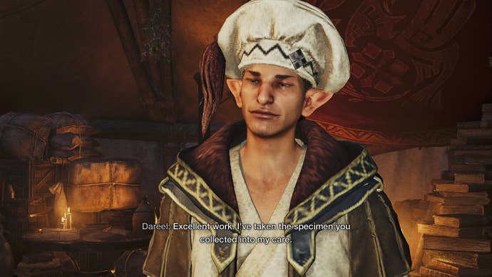 The player speaks with Dareel in his tent at the plains Base Camp in Monster Hunter Wilds