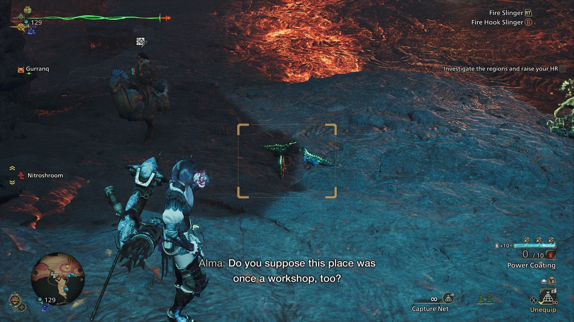 The player aims their Capture Net at an Ember Rufflizard in the Oilwell Basin biome in Monster Hunter Wilds - 4