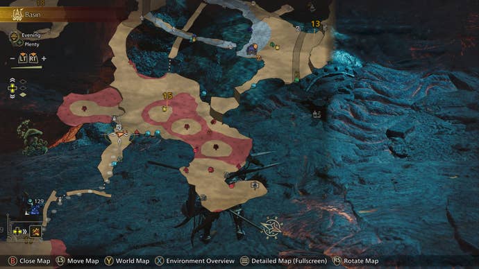 The location of where an Ember Rifflizard can be found in the Oilwell Basin biome is shown using a map screenshot in Monster Hunter Wilds