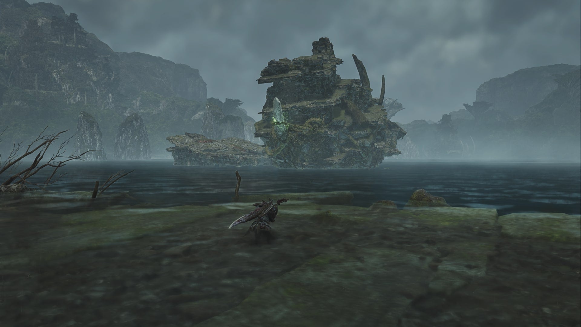 The player looks out at the Great Lake in Scarlet Forest, with their Palico pal in shot, in Monster Hunter Wilds