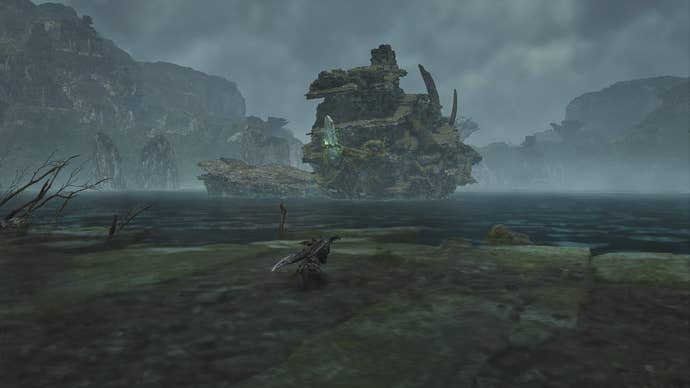 The player looks out at the Great Lake in Scarlet Forest, with their Palico pal in shot, in Monster Hunter Wilds
