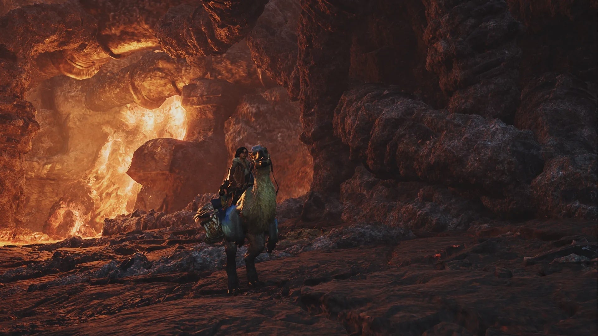 Alma can be seen riding her Seikret in the volcanic area of Oilwell Basin in Monster Hunter Wilds - 1