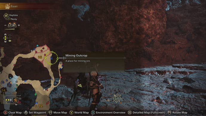 A screenshot of the Oilwell Basin map, detailing where to find Firecell Stone in Monster Hunter Wilds, is shown